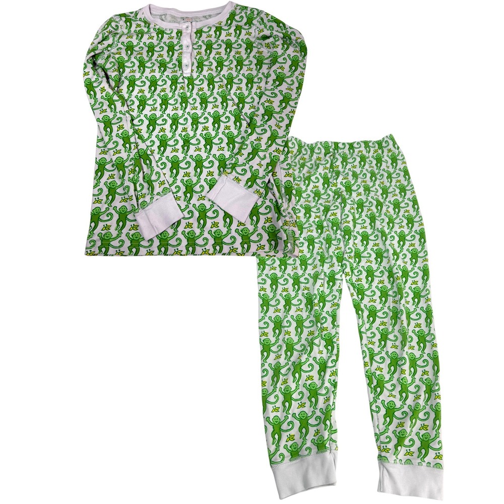 Roller Rabbit Monkey Pajama Set Kids Size 12 Green Pima Cotton Made Peru PJ